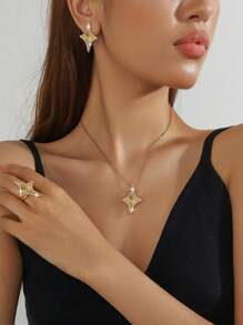 4pcs Elegant 18K Gold Plated Four-Pointed Star Jewelry Set For Women, Including Stud Earrings, Ring And Choker Necklace, Copper Base, Fashionable Jewelry For Women, Ideal For Daily Wear & Gifting, Perfect For Valentine'S Day