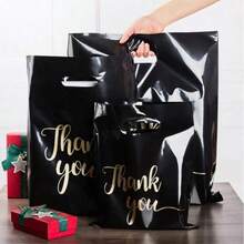 100 Stücke elegante "Danke" Geschenktüten - Schwarz & Gold Schreibschrift wiederverwendbare Plastiktaschen, flache Papiertüten, Plastiktragetaschen, Hochzeit Party Geburtstag Geschenkverpackung, Taschen für Schmuck & Kosmetik. Perfekt für Einzelhandelsgeschäfte, Boutiquen, Partys, Firmenereignisse, Geburtstage, Feiertags-Verpackung, Weihnachten & Valentinstag.