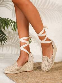 女士圆头粗高跟凉鞋，新款时尚性感系带闪亮优雅正装鞋，厚底坡跟女士凉鞋，适合派对、宴会、约会、春季休闲装 - 杏色 - 查看 7