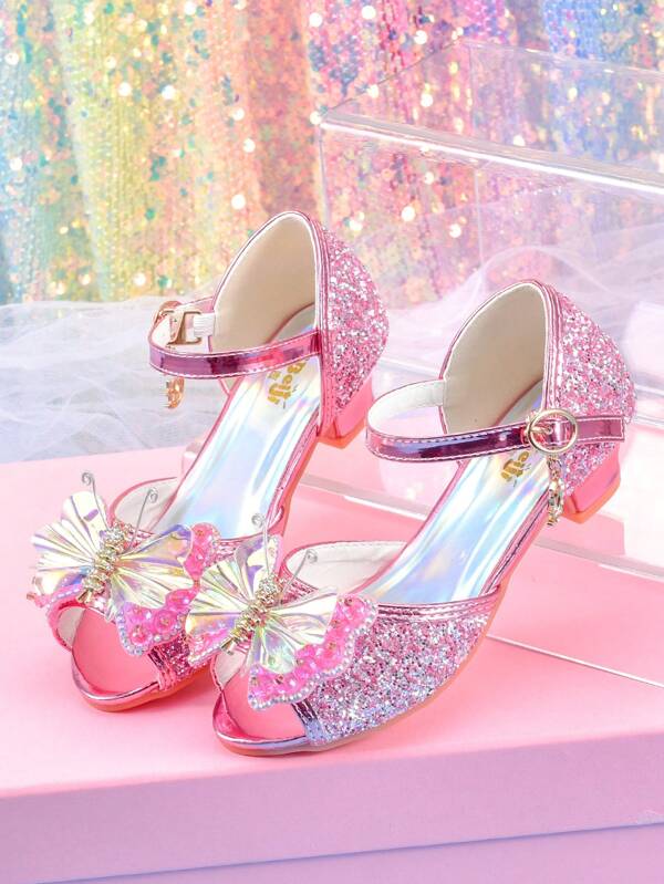 Sandalias de tacón alto con mariposa rosa y cristales para niñas, zapatos de princesa para estudiantes