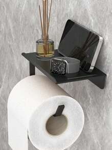 Soporte de pared adhesivo para pañuelos, adecuado para cocina y baño, 6,7 pulgadas (aproximadamente 17,0 cm), portarrollos de papel higiénico de baño con estante de almacenamiento, cinta adhesiva autoadhesiva, portarrollos de papel higiénico de pared montado, negro mate