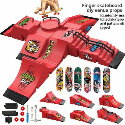 Conjunto de 6 en 1 con rampa para Fingerboard, que incluye: rampa de media caña, Fingerboard/monopatín de dedo, accesorios de entrenamiento de patinaje de dedo, juego interactivo de freestyle de monopatín, estampados aleatorios de monopatín y accesorios de ruedas