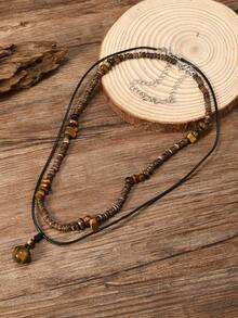 1 Set Bestselling New Tiger Eye Stone, Imitation Turquoise, Coconut Shell 2-Piece Handmade Beaded Adjustable Necklace, Suitable For Men's Daily Wear - Men's Necklaces - View 2