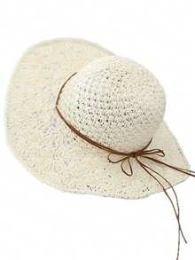 1 pieza Sombrero de paja de moda para mujer, sombrero de verano tejido a mano, ala ancha, estilo coreano, correa con lazo plegable, sombrero protector solar para playa y pesca, accesorio de viaje y vacaciones como regalo