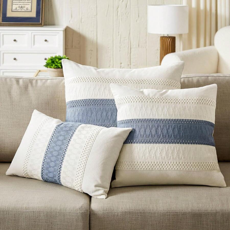 1 buah Sarung Bantal Dekoratif Lembut Warna Hijau Gaya Bohemian Farmhouse, Sarung Bantal Sofa untuk Sofa, Tempat Tidur, Ruang Tamu, Dekorasi Rumah - Biru - View 1