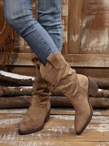 Bottes mi-mollet plissées rétro pour femmes à enfiler, bottines western cowgirl courtes