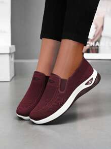 Women's Slip-On Loafers - Elastic Knit Upper & Breathable Mesh Sporty Shoes, With Soft Rubber Sole, Comfortable Casual Shoes For All Seasons, Available In Colors Like Burgundy/Black, Slip-On Sneakers With Breathable Knit Fabric