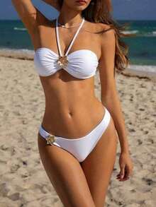 全新欧美时尚优雅女士纯色性感比基尼套装，适合海滩和度假 - 白色 - 查看 2