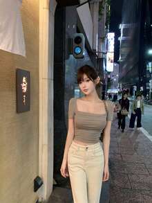 时尚修身背心，带衬垫，圆领长袖T恤 - 冷灰色 - 查看 3