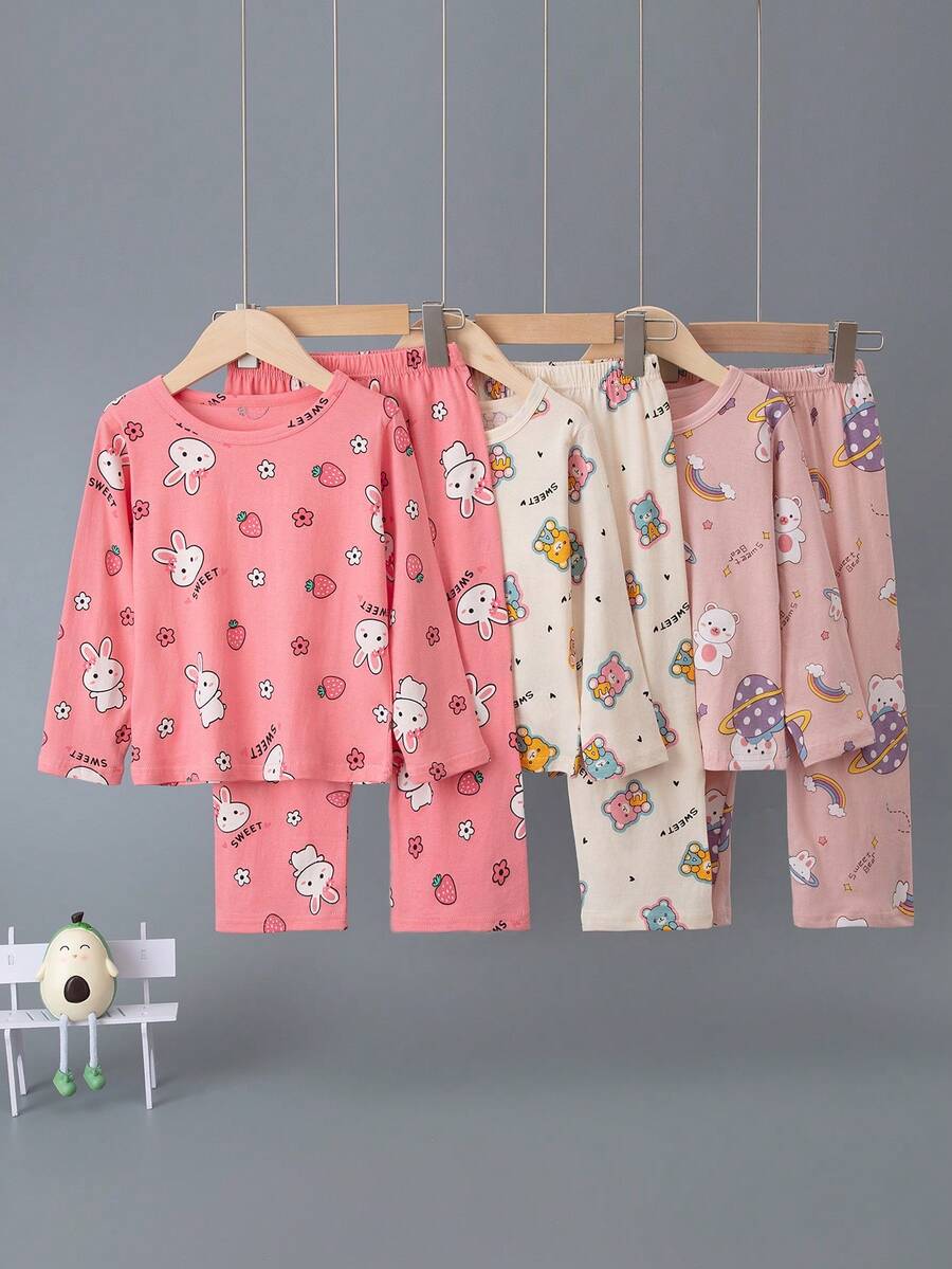 6 件套少女卡通兔子和熊全身印花轻薄长袖上衣和裤子春秋睡衣套装