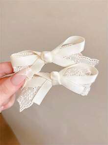 2/4/10pcs Set Beige Lace Bow Hair Clips, Vintage Elegant Alligator Clip, Gentle Bangs Side Clip, Girls Hair Accessories - 2pcs - View 1