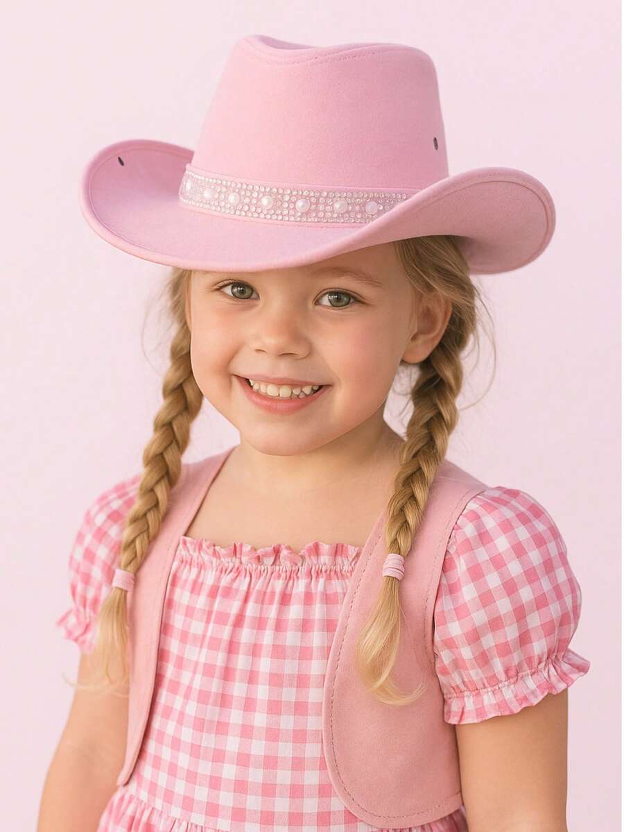 CHILDREN'S Suede Cowboy Hat With HEART BRILLIANT Band - 淺粉紅色 - 查看 1