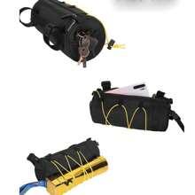 Adjustable Bike Handlebar Bag - Black, Multi-Compartment, Portable Front Frame Tube Bag For Cycling Essentials, Handlebar Mounted Bag, Smooth Cylindrical Design, Elastic Fixing System, Bicycle Bag