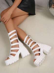 女式粗跟厚底露趾中筒靴，百搭夏季罗马高跟凉鞋 - 白色 - 查看 4