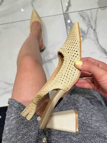 Sapatos femininos de salto alto com bico fino e cor sólida, adequados para deslocamento diário - Bege - Ver 2