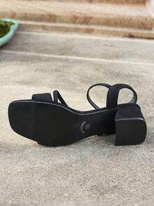 女式方头粗跟系带高跟凉鞋，时尚户外简约百搭中跟粗跟鞋 - 黑色 - 查看 7