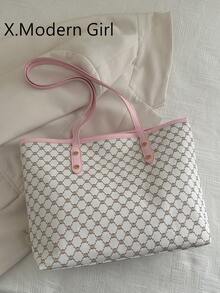 新款复古印花女士手提包，大容量超轻铆钉装饰，适合通勤、购物、办公室、大学 - 粉色 - 查看 2