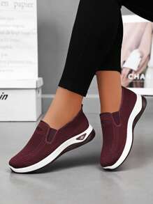 Women's Slip-On Loafers - Elastic Knit Upper & Breathable Mesh Sporty Shoes, With Soft Rubber Sole, Comfortable Casual Shoes For All Seasons, Available In Colors Like Burgundy/Black, Slip-On Sneakers With Breathable Knit Fabric