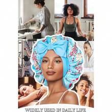 Double Layer Silk Bonnet With Tie Satin Lined Sleep Cap Hair Cover For Women's Curly Natural Hair - Strawberries Blue Plaid - 查看 6