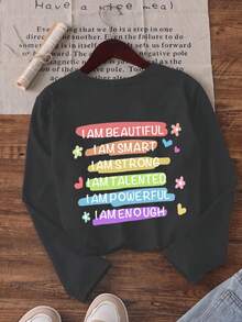 青少年女孩趣味印花圆领长袖T恤，秋冬上衣 - 深灰色 - 查看 3