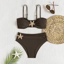全新极简设计，纯色，性感，显瘦，遮肚，时尚配饰，度假风比基尼套装，时尚优雅两件式泳衣，女士沙滩派对，畅销泳装 - 深棕色 - 查看 4