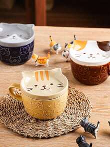 1pc Cute Cartoon Cat Ceramic Mug With Lid, Creative Dinnerware, Breakfast Milk Cup, Water Cup, Random Color (Bowl And Lid Color Matched Randomly) - Multicolor - View 3