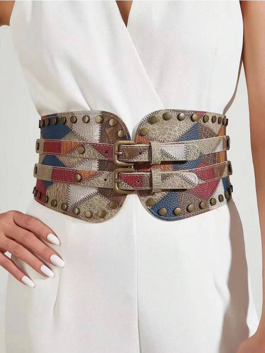 1 pieza Cinturón elástico de mujer con remaches de estilo vintage europeo y colorido, versátil para vestidos, chaquetas de traje y decoración de la cintura