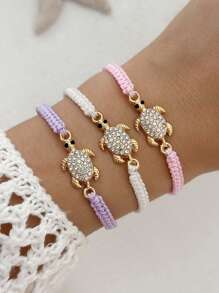1pc Purple Couples Metal Minimalist Rhinestone Sea Turtle Braided Bracelet