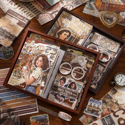 Coffee Character Theme Scrapbook Kit For Crafting - Included Scrapbook Paper A6 Grid Notebook, Stickers, Washi Tape Roll, Decoractive Papers, Memo Pads And More, Craft Gift For For Scrapbooking, Planners & Journal