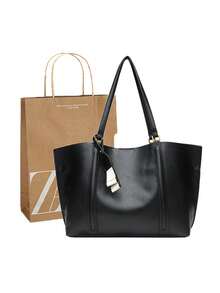 Za Home Commuter Tote Bag 2025 Summer New High-Capacity Fashion Shoulder Bag Waxed Leather Retro Portable Shopping Bag - 黑色 - 查看 1