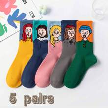 5 Pairs Unisex Mixed Color Original Abstract Artistic Illustration Design Fashionable Sports Mid-Calf Socks, Suitable For Everyday Wear