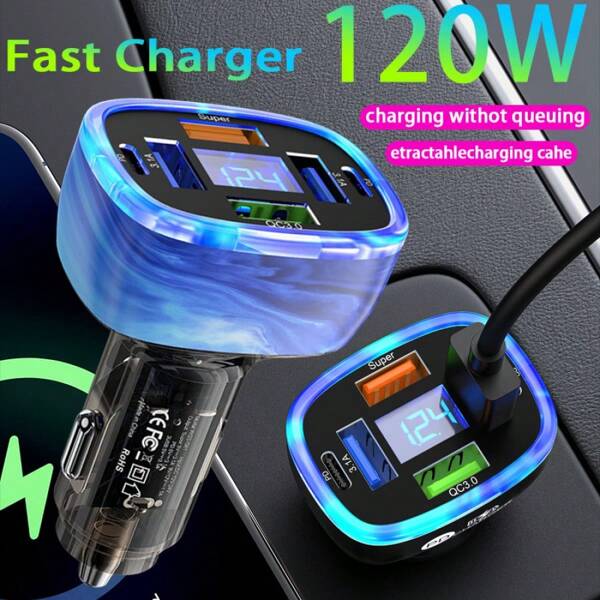 66W Super Fast Car Charger, 6 USB Ports Car Cigarette Lighter Adapter With Flash Charging Plug