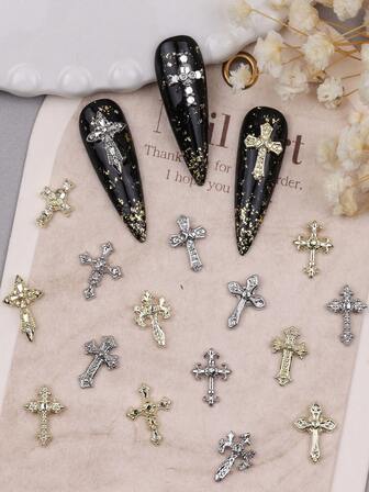 30pcs Punk Cross Nail Art Decorations, Fashion Cool Girl Accessories, Random Mix Of Gold & Silver, Nail Art Supplies, Nail Jewelry, Nail Rhinestones
