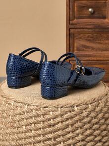 MonaNise 女式 3 厘米布面高跟时尚海军蓝金属酒红色玛丽珍短款粗跟高跟鞋（黑色） - 藏蓝色 - 查看 6