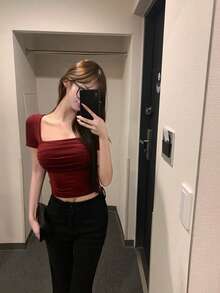 时尚迷人的红色加厚圆领长袖 T 恤、修身汗衫、外出上衣 - 紅色 - 查看 1