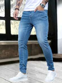1 pieza Vaqueros de tela denim ajustada con cremallera y bolsillo para hombre