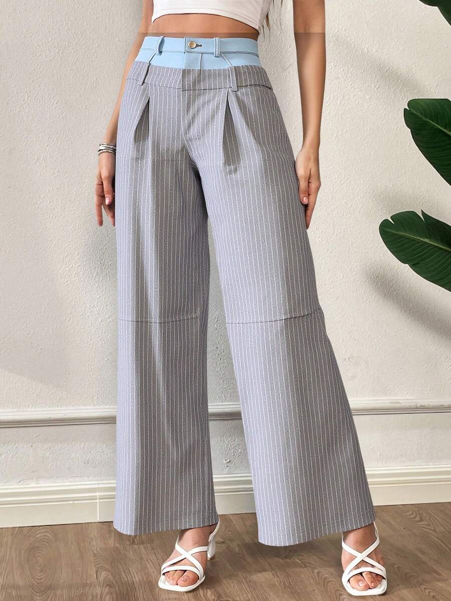 Pantalones de rayas versátiles para mujer, color liso, informales, elegantes, con cremallera y botón. - Gris - Ver 1