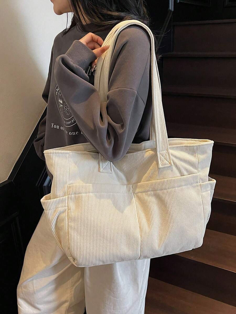 Women's Corduroy Fashion Multi-Pocket Tote Bag, Backpack For High School And College Students, Literary School Bag & Book Bag For Women Or Students, Perfect For Books, Shopping, Back To School And More, Literary School Bag For Teens, School Supplies, School Bag, School Handbag, School Tote Bag, School Bookbag, Back To School Bags, Large Capacity