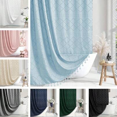 1 st. bohemiskt vitt duschdraperi i vävt tyg med tofsar, 180 x 180 cm, modern lantlig minimalistisk stil, plysch chevron retrotextur, vattentätt draperi för badrum, hotellinredning, badrumstillbehör