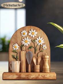 2D Hand-Crafted Wooden Sculpture Of Daisy Flower And Kitchen Utensils - Vintage Carving Style, Visible Wood Grain, Cottagecore Collage, With Whisk, Spoon And Other Kitchen Decors On Wooden Wall - Multicolor - View 4