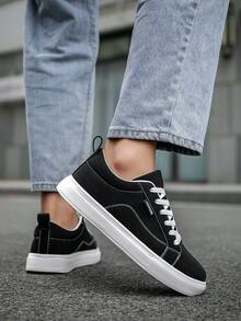 Men's Classic Black Patchwork Low-Top Skate Shoes, Simple Design Basic Style, Lightweight & Comfortable Outdoor Sports Sneakers, Gym 2000s Style Valentine's Day Ideas - Solid Color - View 8