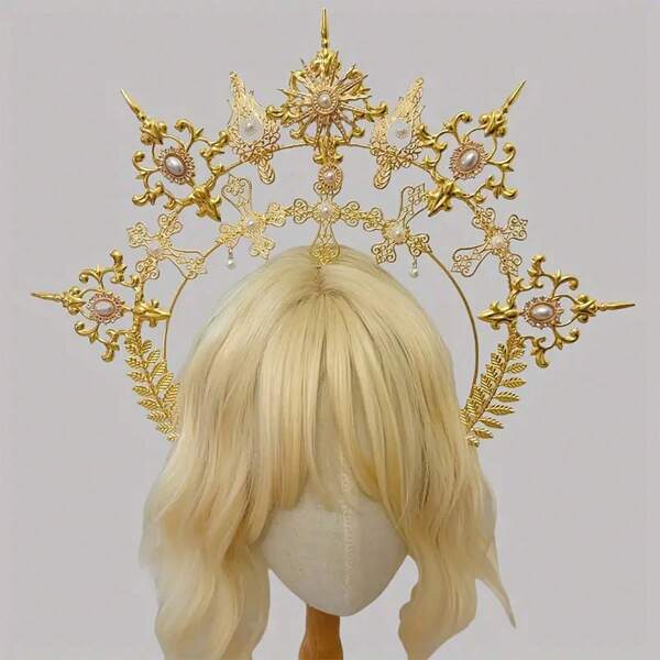 1 Piece Baroque Style Headband, Gothic Crown With Faux Pearl Decoration, Prom Party Hair Hoop Headdress
