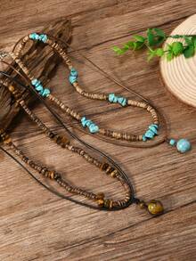 1 Set Bestselling New Tiger Eye Stone, Imitation Turquoise, Coconut Shell 2-Piece Handmade Beaded Adjustable Necklace, Suitable For Men's Daily Wear - Men's Necklaces - View 1