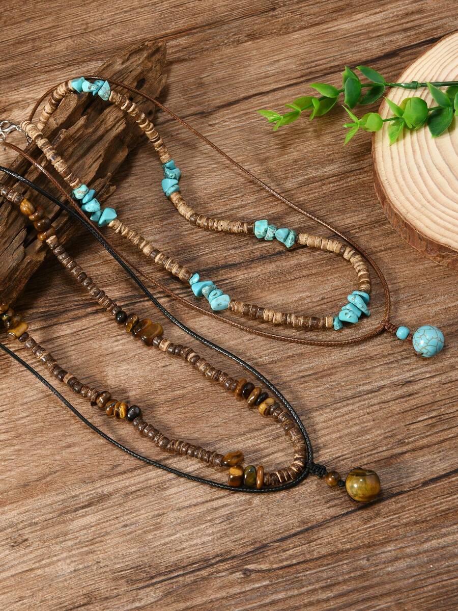 1 Set Bestselling New Tiger Eye Stone, Imitation Turquoise, Coconut Shell 2-Piece Handmade Beaded Adjustable Necklace, Suitable For Men's Daily Wear - Men's Necklaces - View 1