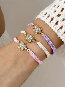 1pc Purple Couples Metal Minimalist Rhinestone Sea Turtle Braided Bracelet
