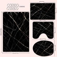 1/4pcs Black Marble Texture Theme Shower Curtain Set, Waterproof Bath Curtain, Bathroom Decor, Fashionable Drape, Window Curtain, Room Divider, No Drilling Required, Polyester, Machine Washable Bathroom Accessories Back To School