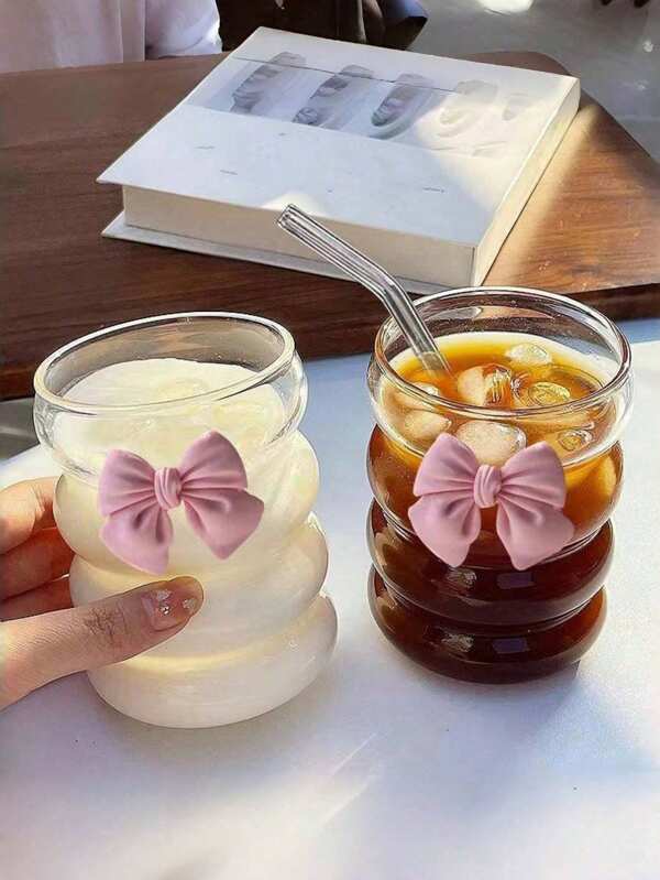 1 buc/2 buc 350 ml ceașcă de cafea/ceai din sticlă cu decor de fundă roz, ceașcă de cafea drăguță, ceașcă elegantă pentru băuturi reci, ceai cu lapte, uz casnic și la birou