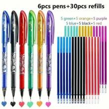 36pcs 6-Color Erasable Gel Pens, Random 6pcs With Refills In Different Colors, Blue-White Ceramic Erasable Pens, 0.5mm Office Supplies