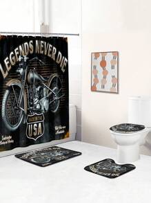 1 Stück/4 Stück Badezimmer Komplett-Set mit Vintage Motorrad Drucken, elegante moderne Heimdekoration, Duschvorhang für Zuhause, komplettes 4-teiliges Toilettenmatten-Set, einfach zu installieren mit Mehrfach-Haken - das perfekte Geschenk für Freunde und Familie! Schulanfang