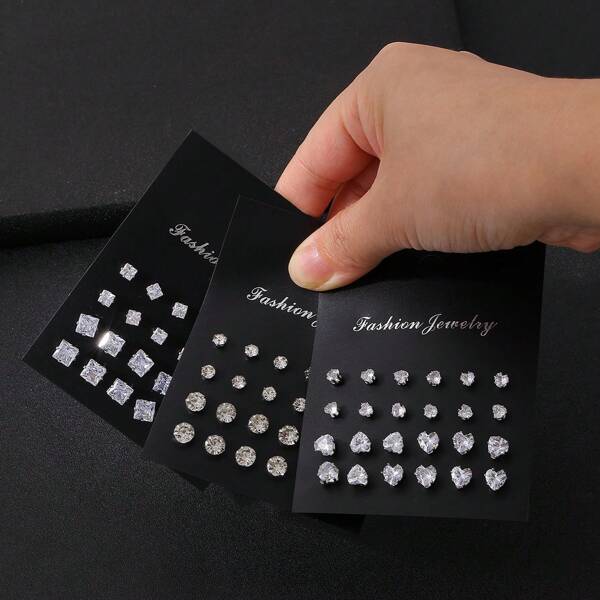 72/24pcs Women & Men Couple Fashion Geometric Heart/Square/Round Stud Earrings Set, Shiny Cubic Zirconia & Crystal Embedded, Classic Versatile Style Suitable For Daily Outfit, Party, Holiday Gift (No Box)